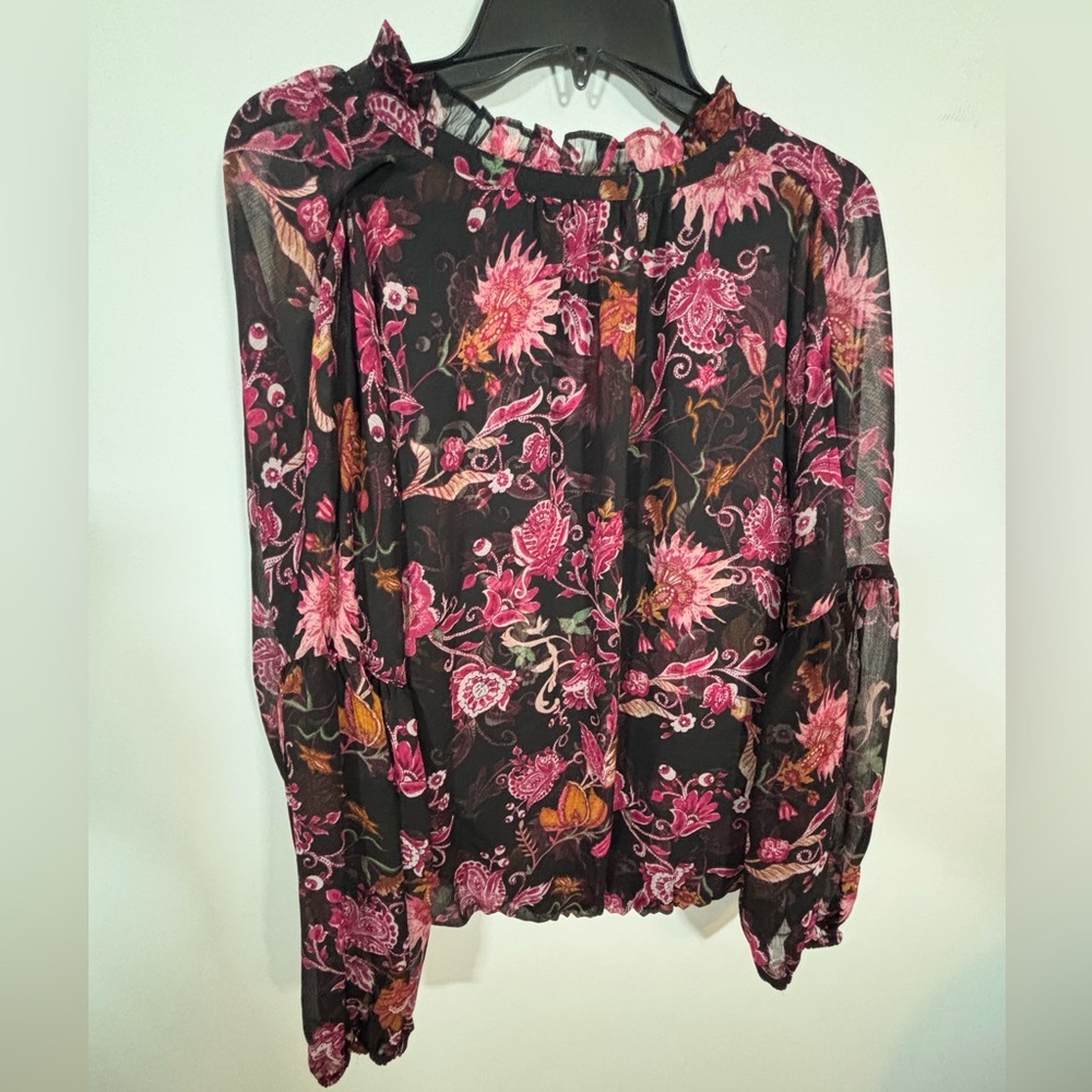 INC Black Pink Floral Sheer Long Sleeve Peasant Blouse Size L - Picture 5 of 10